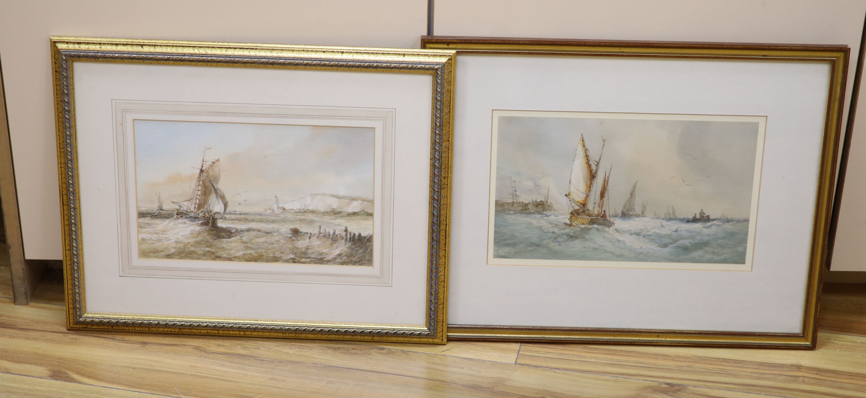 EAS c.1900, watercolour, Fishing boats off the coast, initialled, 17 x 28cm and another similar work